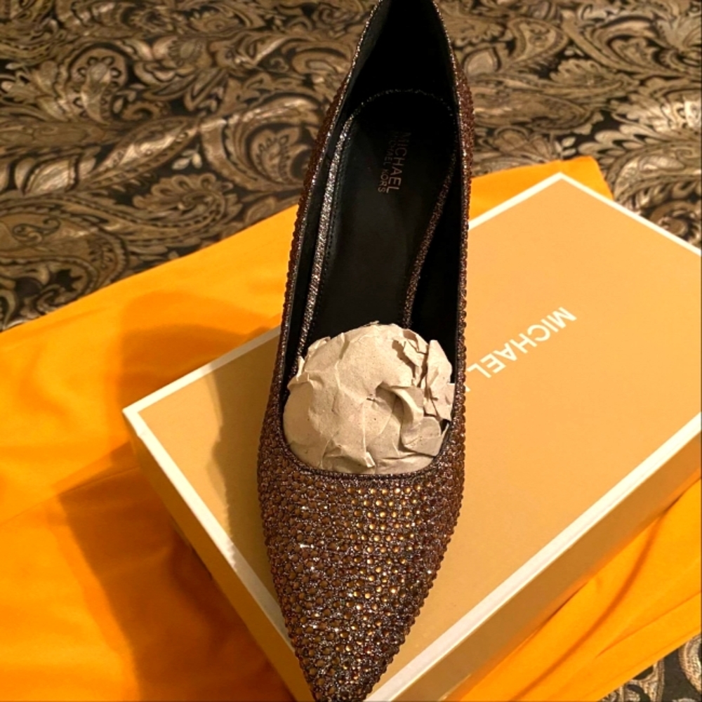 Michael Kors coffee color rhinestone heels with the original box.